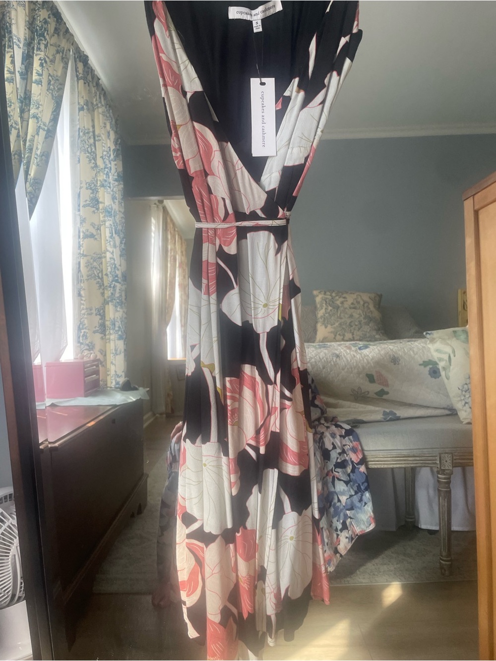 Floral Wrap Midi Dress in Black and Pink - Picture 2 of 3